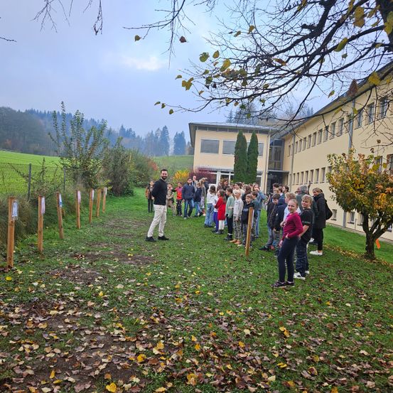 Eine Gruppe von Kindern und einem Mann stehen in einem Grasbereich mit Holzpfosten, umgeben von Bäumen und einem Gebäude. Der Bereich hat gefallene Blätter auf dem Boden.