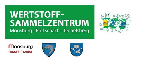 Ein Poster fur Stoff-Zentrum Portschach-Techelsberg mit einem Fisch und einem Wappenschild mit Schwert- und Buchsymbol.