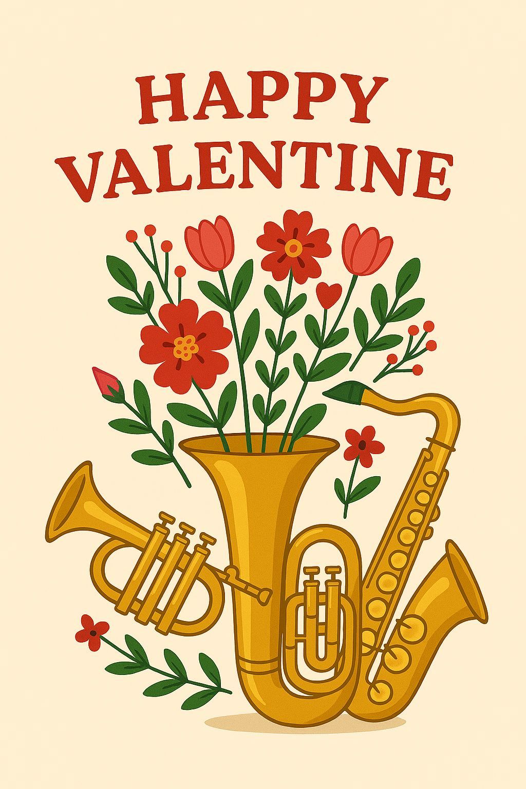 A poster with 'Valentine' in large letters at the top. A bouquet of red flowers is in a trombone. A trumpet and a saxophone are below the trombone. The poster has a beige background.