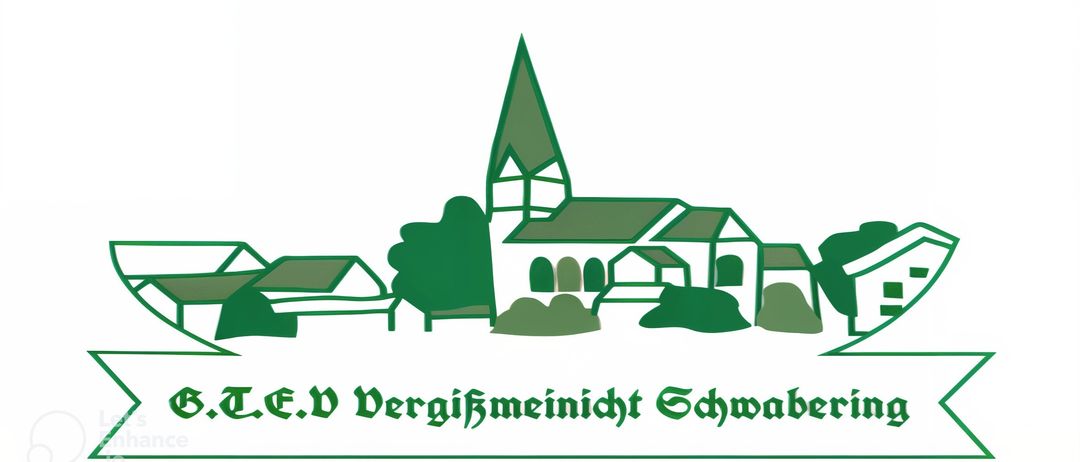 Eine stilisierte Illustration einer Kirche mit einem Turm, umgeben von Bäumen und Häusern, mit dem Text E.D. Vergiifmeinnicht Schwab darunter.