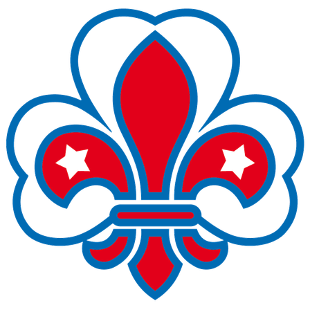 Ein rotes Fleur-de-lis mit zwei schwarzen Sternen auf schwarzem Hintergrund. Das Fleur-de-lis ist blau umrandet.