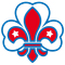 Ein rotes Fleur-de-lis mit zwei schwarzen Sternen auf schwarzem Hintergrund. Das Fleur-de-lis ist blau umrandet.