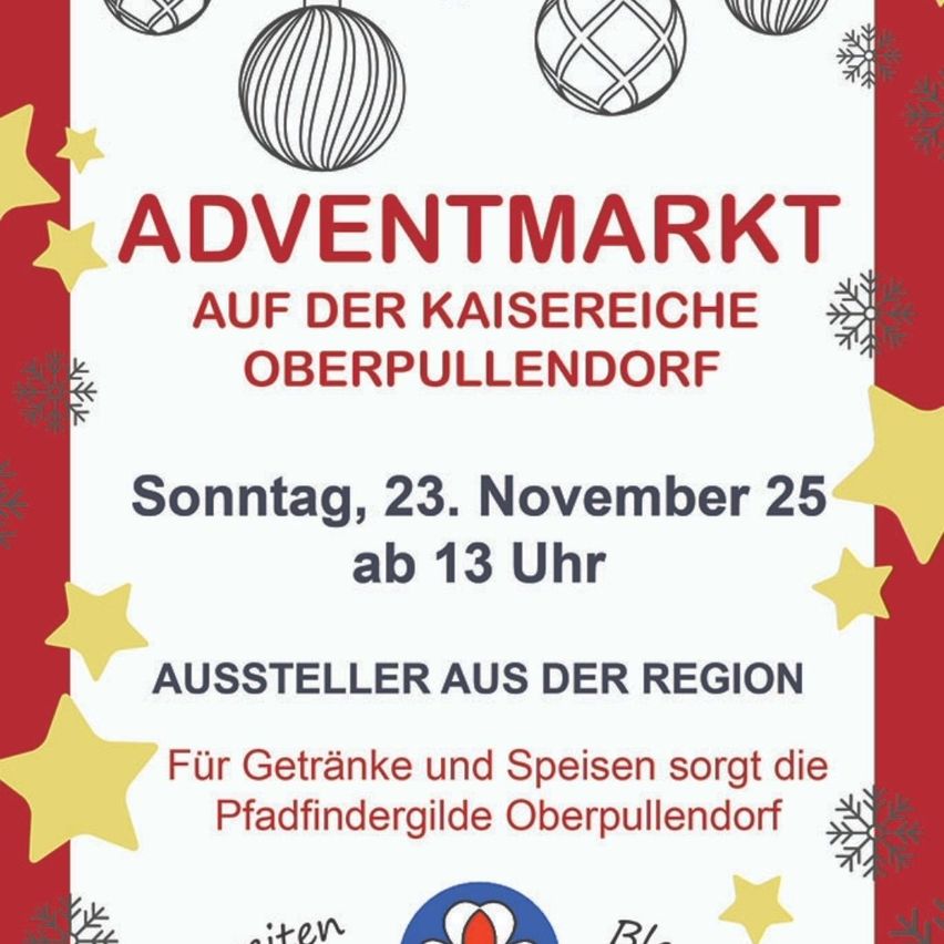 Poster for the Advent Market in Oberpullendorf, Austria, scheduled for Sunday, November 23rd, starting at 1 PM. It features a festive design with snowflakes, stars, and Christmas balls. Local vendors will be present.