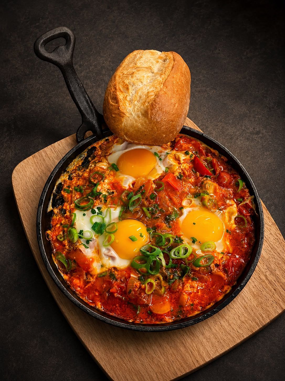 Eine Pfanne mit einem reichhaltigen, tomatenbasierten Gericht, gekrönt von zwei pochierten Eiern und Frühlingszwiebeln, begleitet von einer Scheibe Brot.
