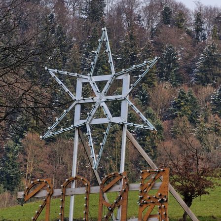 Eine große sternförmige Struktur mit dem Jahr 2020 darunter steht auf einem grünen Hügel, umgeben von laublosen Bäumen im Hintergrund.