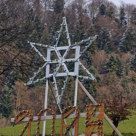 Eine große sternförmige Struktur mit dem Jahr 2020 darunter steht auf einem grünen Hügel, umgeben von laublosen Bäumen im Hintergrund.