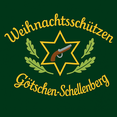 Das Emblem für die Weihnachtsschützer von Goitschen-Schellenborg, mit einem Stern in der Mitte, umringt von grünen Blättern und einer Pistole im Zentrum. Der Text ist in Gelb.