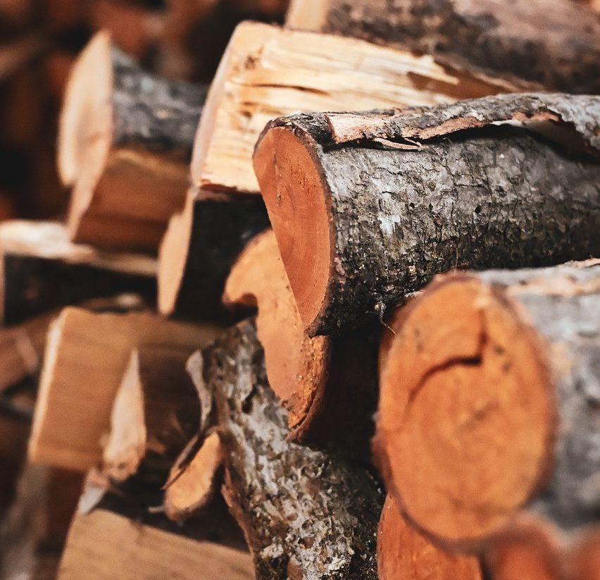 Ein Stapel Brennholz in verschiedenen Größen und Farben, einige mit Rinde, andere geschnitten. Die Holzscheite sind in einem Haufen angeordnet, beleuchtet von einem warmen, orangefarbenen Licht.