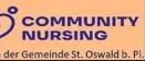Logo der Community Nursing mit einem lila Herzen und Text auf einem pfirsichfarbenen Hintergrund, es steht 'Community Nursing in der Gemeinde St. Oswald b. Pl.'