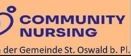 Logo der Community Nursing mit einem lila Herzen und Text auf einem pfirsichfarbenen Hintergrund, es steht 'Community Nursing in der Gemeinde St. Oswald b. Pl.'