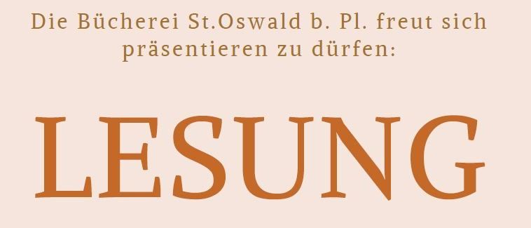 Ein beigefarbenes Banner zeigt die Worte 'LESUNG' in großen braunen Buchstaben und darunter 'Helga Cornelia Pfeifer', was auf eine bevorstehende Lesung hinweist.