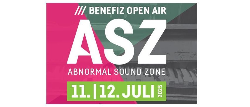 ASZ Benefiz Open Air Plakat für das Abnormal Sound Zone Event am 11. und 12. Juli 2025. Mit rosa und grünem Hintergrund, Klaviertasten und den Veranstaltungsdaten.