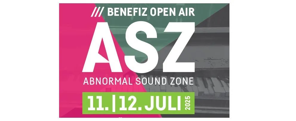 ASZ Benefiz Open Air Plakat für das Abnormal Sound Zone Event am 11. und 12. Juli 2025. Mit rosa und grünem Hintergrund, Klaviertasten und den Veranstaltungsdaten.