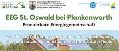 Plakat für EEE St. Oswald bei Plankenwarth, eine Energiegenossenschaft. Es zeigt ein Haus mit Solarmodulen und betont, dass kein Lieferantenwechsel nötig ist und die Teilnahme auch ohne eigene PV-Anlage möglich ist. Die Veranstaltung ist für Donnerstag, 22.01.2026, um 18:30 im Vereinsheim St. Oswald 104, 8113 St. Oswald b. Plankenwarth geplant.