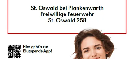 Ein Plakat für eine Blutspende-Veranstaltung. Es zeigt eine lächelnde junge Person, die ein weißes T-Shirt mit den Texten 'Jeder Tropfen zählt' und 'Spende Blut' trägt. Das Plakat enthält auch einen QR-Code und die Veranstaltungsdetails.