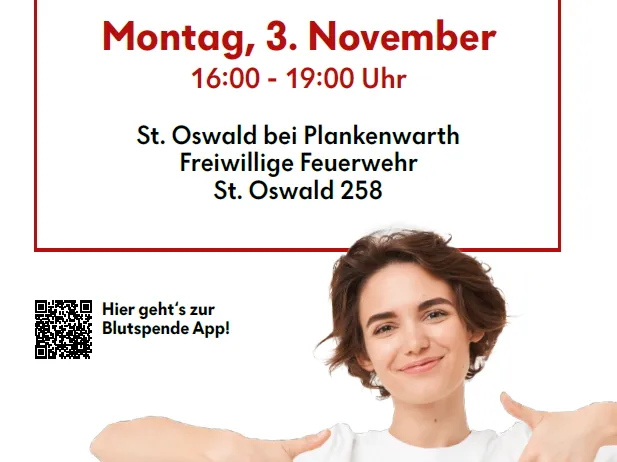 Ein Plakat für eine Blutspende-Veranstaltung. Es zeigt eine lächelnde junge Person, die ein weißes T-Shirt mit den Texten 'Jeder Tropfen zählt' und 'Spende Blut' trägt. Das Plakat enthält auch einen QR-Code und die Veranstaltungsdetails.