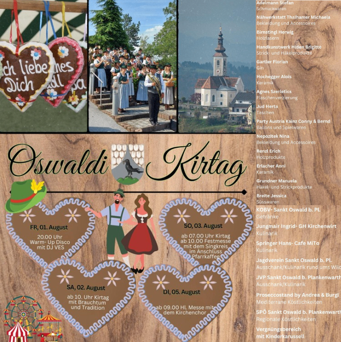 Plakat für Oswaldi Kirtag mit herzförmigen Keksen, einer Kirche und einem Paar. Termine und Uhrzeiten für verschiedene Veranstaltungen sind aufgeführt.