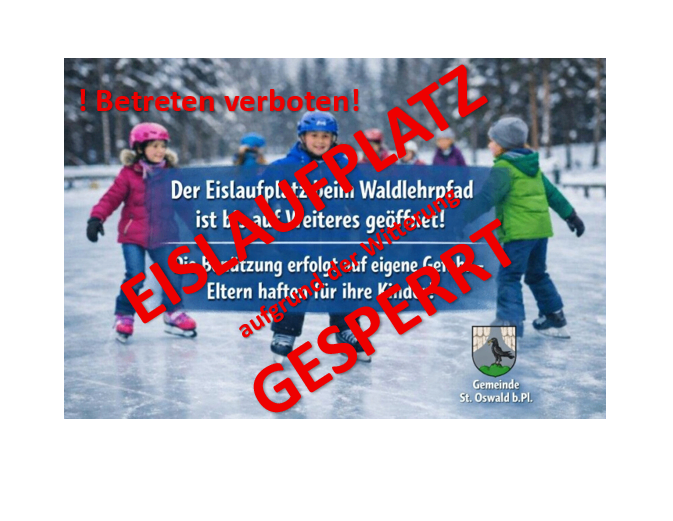 Ein Plakat mit Kindern, die auf einem zugefrorenen See Schlittschuh laufen, ein Warnschild steht 'Betreter verboten!' und 'Eislaufen ist streng verboten.' Das Schild betont die Verantwortung der Eltern.