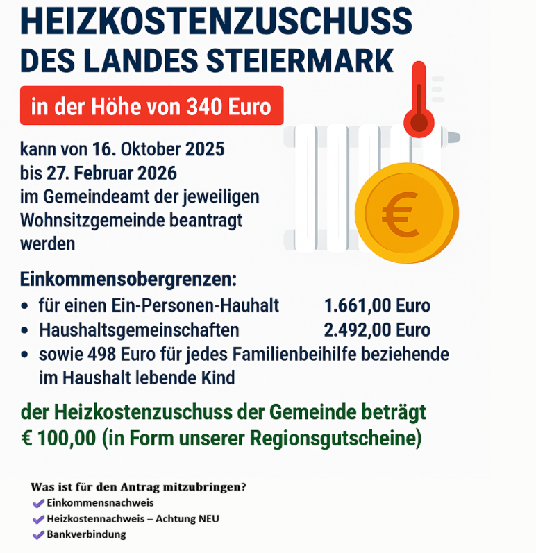 Ein Plakat bewirbt den Heizkostenzuschuss des Landes Steiermark, bis zu 340 Euro. Er ist vom 16. Oktober 2025 bis zum 27. Februar 2026 verfügbar. Einkommensgrenzen für den Zuschuss sind aufgeführt.