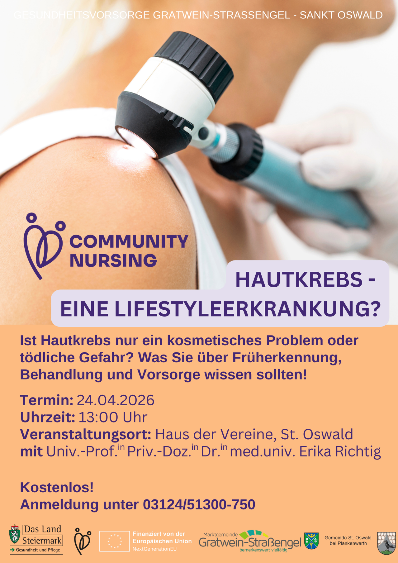 An image shows a person having a skin check with a dermatoscope. Text reads 'Community Nursing, Hautkrebs - Eine Lifestylekrankheit?' with details about a skin cancer awareness event.