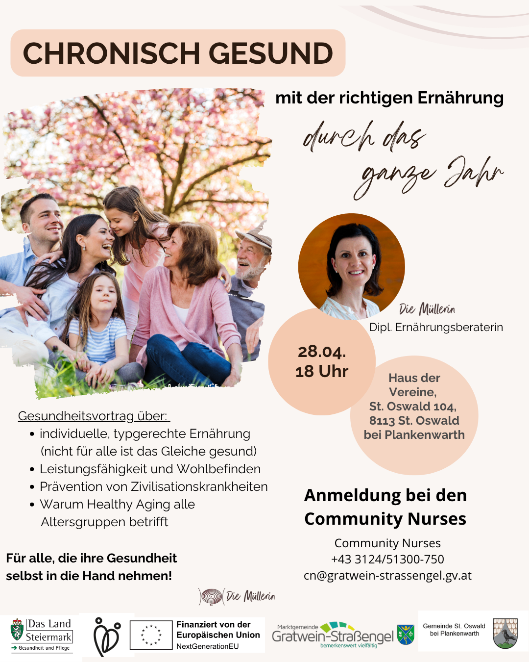 Health talk about individual, type-appropriate nutrition. Importance of healthy aging for all age groups. Registration at Community Nurses. Contact info: +43 3124/51300-750.