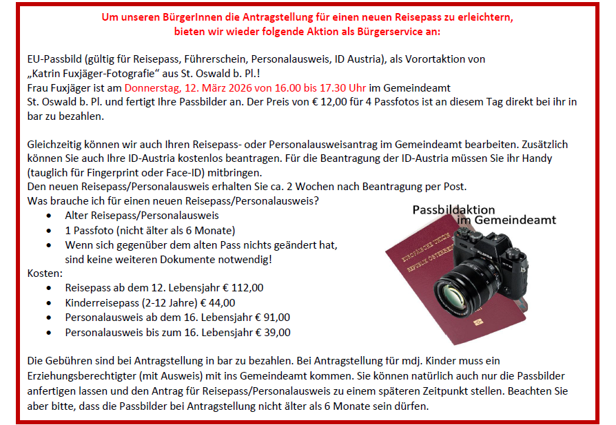 Pass photo service for new passports and identity cards. Pass photos can be taken on Thursday, March 12, 2026, from 4:00 to 5:30 PM in the town hall. Fees for passport/ID card applications are payable on the day.