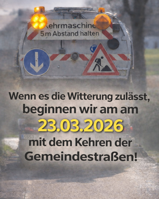 Ein Straßenreinigungsfahrzeug zeigt eine Nachricht in Deutsch mit dem Datum 23.03.2026 und Anweisungen, einen Abstand von 5m einzuhalten.