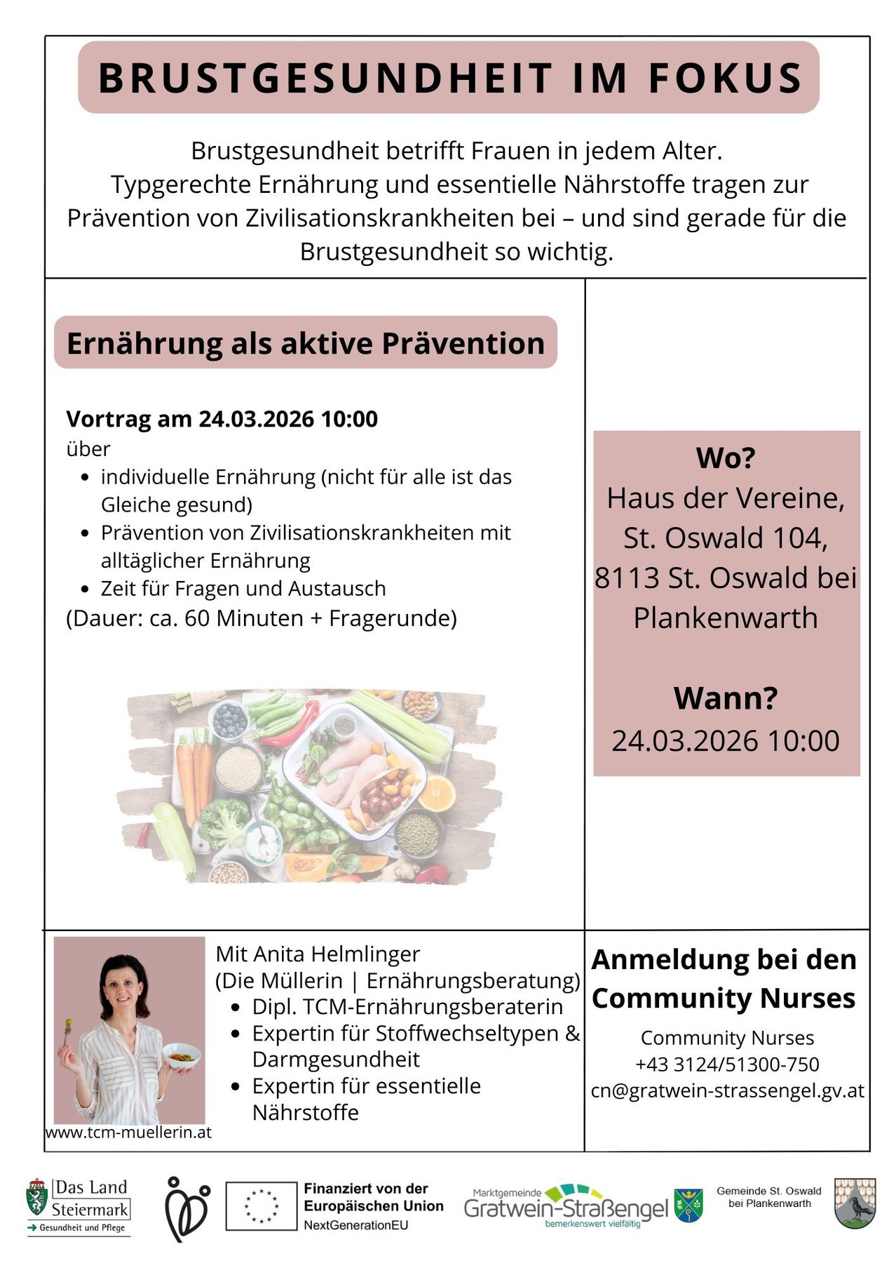 Plakat über Ernährung als aktive Prävention, mit einer Frau, die eine Schüssel hält. Geplant für den 24.03.2026 um 10:00 Uhr. Die Sitzung beinhaltet individuelle Ernährungsberatung, Prävention von Zivilisationskrankheiten und eine Fragerunde. Ort: Haus der Vereine, St. Oswald 104, 8113 St. Oswald. Kontakt: +43 3124/51300-750.