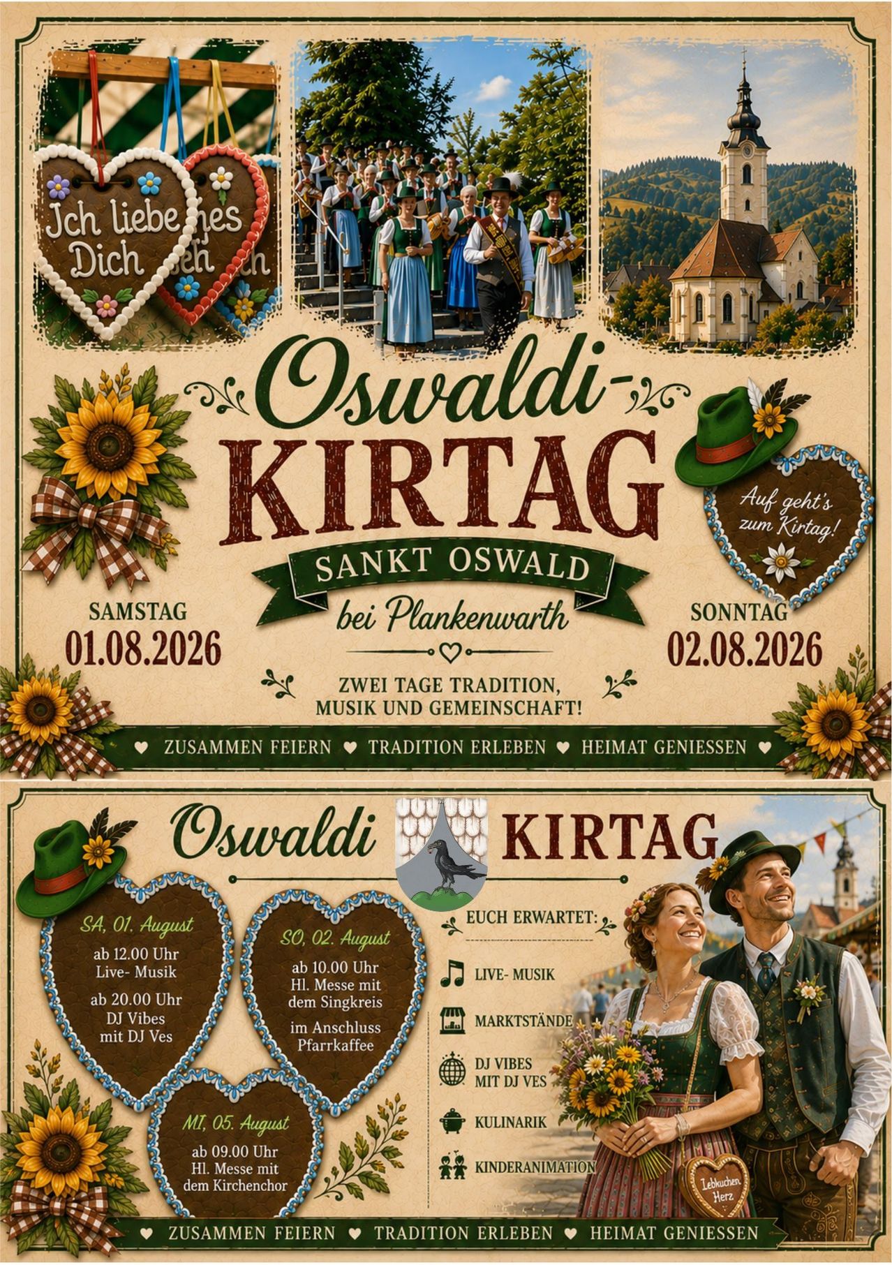 Plakat für das Oswaldi Kirtag-Event, das ein Paar in traditioneller Kleidung, eine Kirche und eine Sonnenblume zeigt. Die Veranstaltung ist für den 1. und 2. August 2026 geplant, mit Live-Musik, einer Messe und Marktständen.