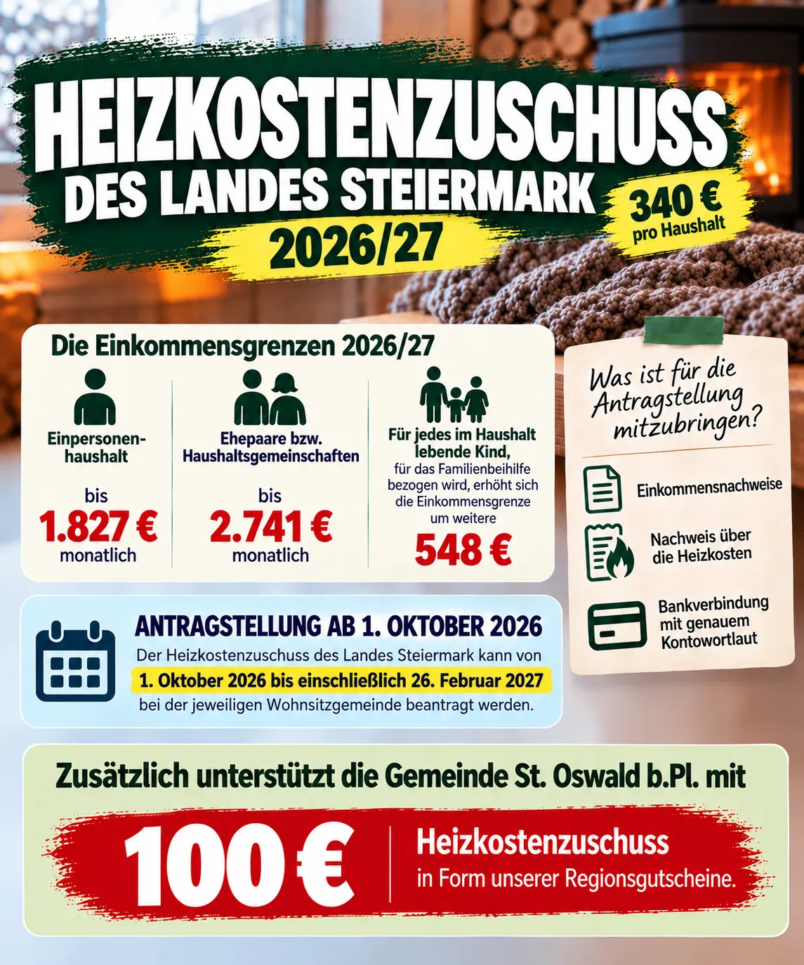 Ein Plakat, das die Heizkostenzuschuss für das Bundesland Steiermark in Österreich für die Jahre 2026/2027 bewirbt. Es zeigt Einkommensgrenzen für Einzelpersonen, Paare und Familien sowie den Zuschuss pro Haushalt.