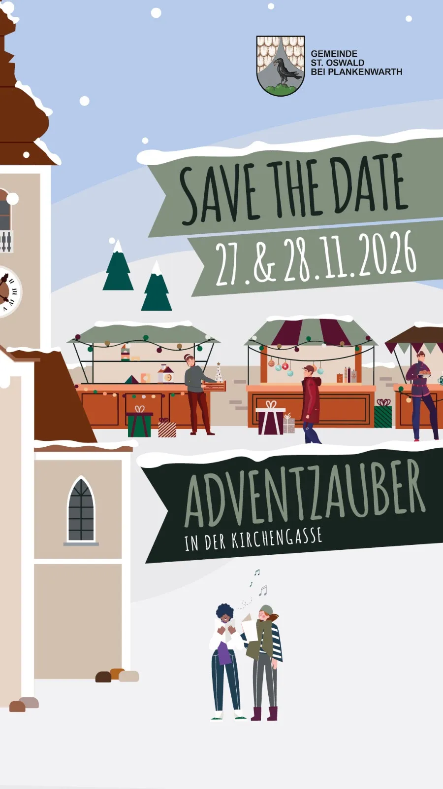 Eine festliche Illustration eines Weihnachtsmarktes mit einer Kirche im Hintergrund. Der Markt ist mit Weihnachtsbäumen und Ständen, die Geschenke verkaufen, geschmückt. Der Text lautet 'SAVE THE DATE 27 & 28.11.2026' und 'ADVENTZAUBER IN DER KIRCHENGASSE'.