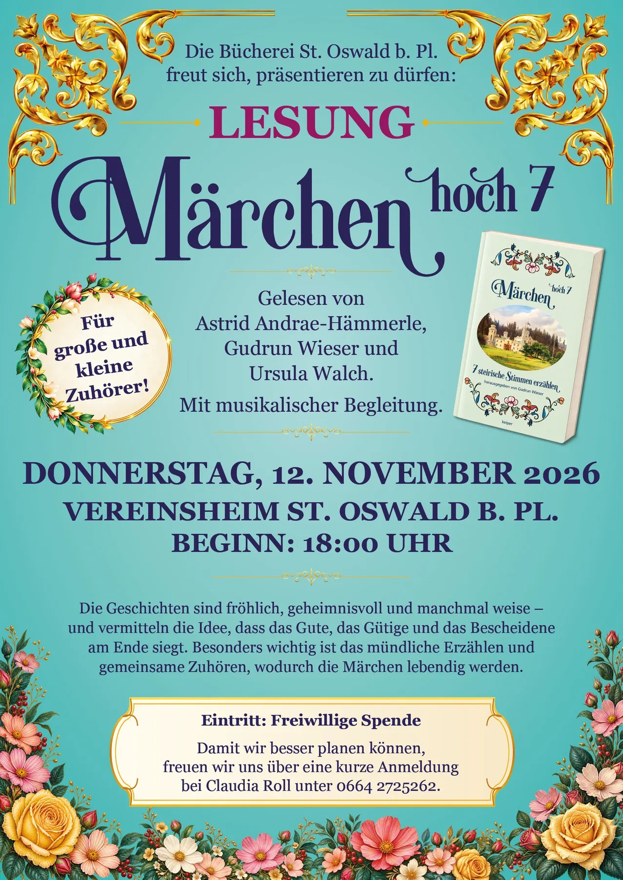 Ein Plakat für eine Lesung mit dem Titel 'Lesung Märchen hoch 7', geplant für den 12. November 2026 um 18:00. Das Plakat zeigt ein Buchcover und einen floralen Rand.