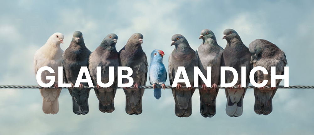 Eine Reihe von Tauben auf einem Draht, mit einem blauen Vogel darunter, steht 'Glaub an dich'.