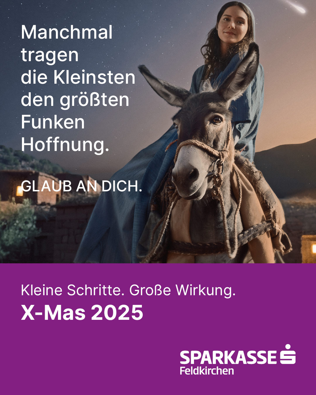 Eine Frau reitet auf einem Esel mit einer Botschaft über Hoffnung und kleine Schritte, die zu großen Wirkungen führen, mit einem Datum X-Mas 2025 und einem Slogan Kleine Schritte. Große Wirkung.