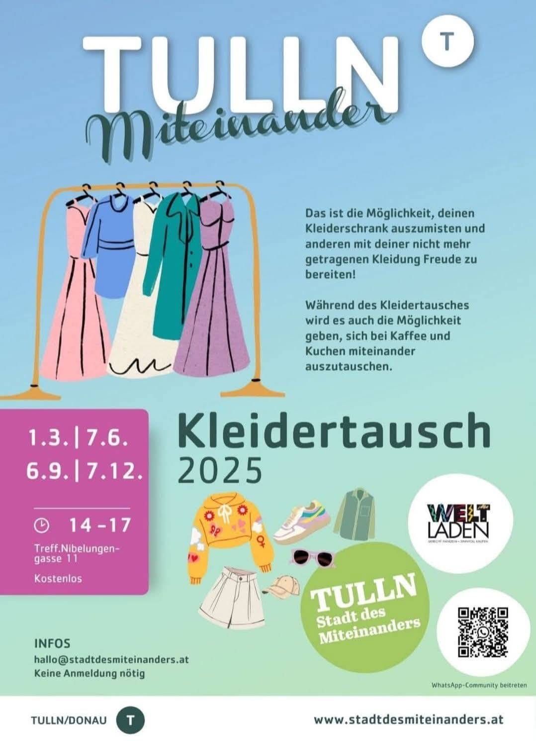 Ein Plakat für einen Kleidertausch im Jahr 2025. Es zeigt die Möglichkeit, Kleidung mit anderen zu teilen, mit Datum und Uhrzeit. Enthält einen QR-Code und ein Eventlogo.