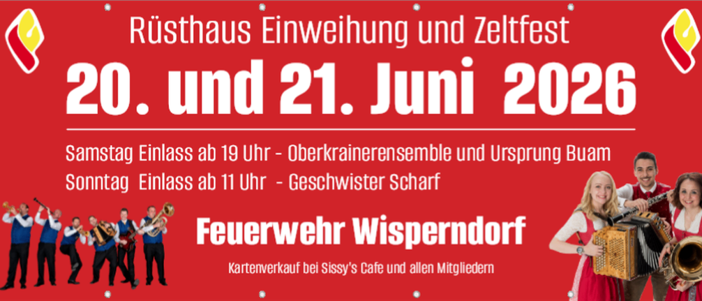 Rusthaus-Einweihung am 20. und 21. Juni. Samstag Einlass ab 19 Uhr - Oberkrainer-Ensemble. Sonntag Einlass ab 11 Uhr - Gebrüder Scharf. Feuerwehr-Band, Kartenverkauf bei Sissy's Cafe.