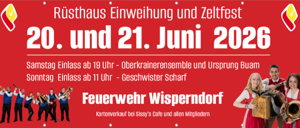 Werbeplakat für die Eröffnung des Rusthaus am 20. und 21. Juni. Samstag, Einlass ab 19 Uhr - Oberkrainerensemble. Sonntag, Einlass ab 11 Uhr - Geschvister Scharf. Kartenverkauf bei Sissy's Cafe.