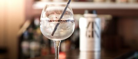 Ein Nahaufnahme eines Gin Tonic Glases auf einer Bar mit Eis und einem Strohhalm, mit Flaschen im Hintergrund.