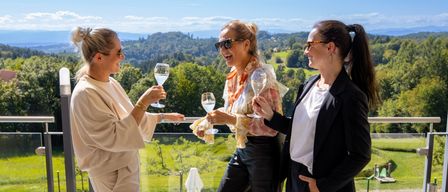 Drei Frauen auf einem Balkon mit Blick auf eine üppige, grüne Landschaft stoßen mit Weinläsern an und lächeln in die Kamera.