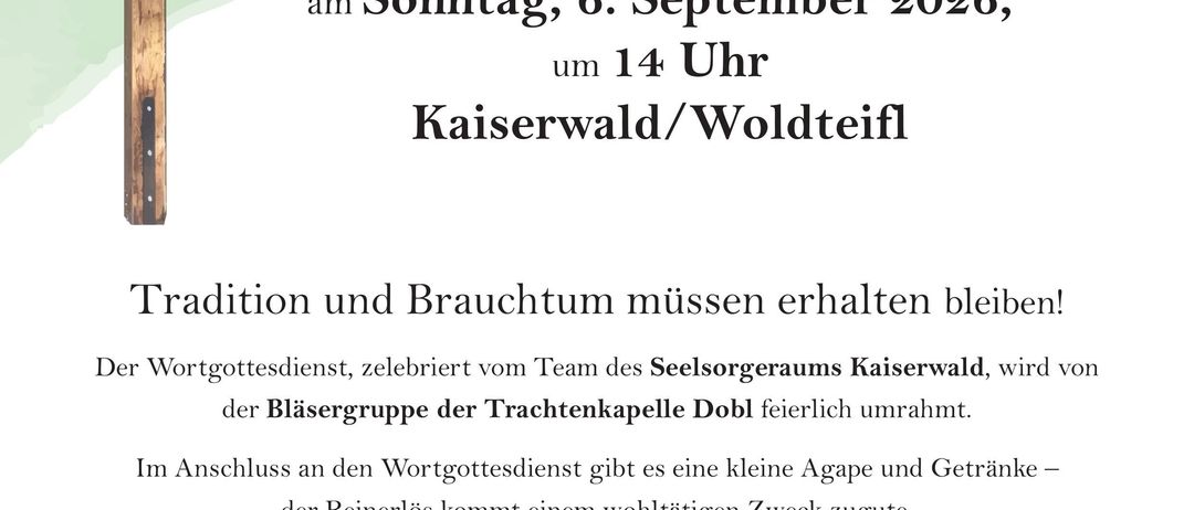Ein Kreuz steht an einem Waldort mit dem Text 'Woldteif Mess'. Datum: 6. September 2026, um 14 Uhr. Die Veranstaltung wird vom Verein Waldteif ausgerichtet.