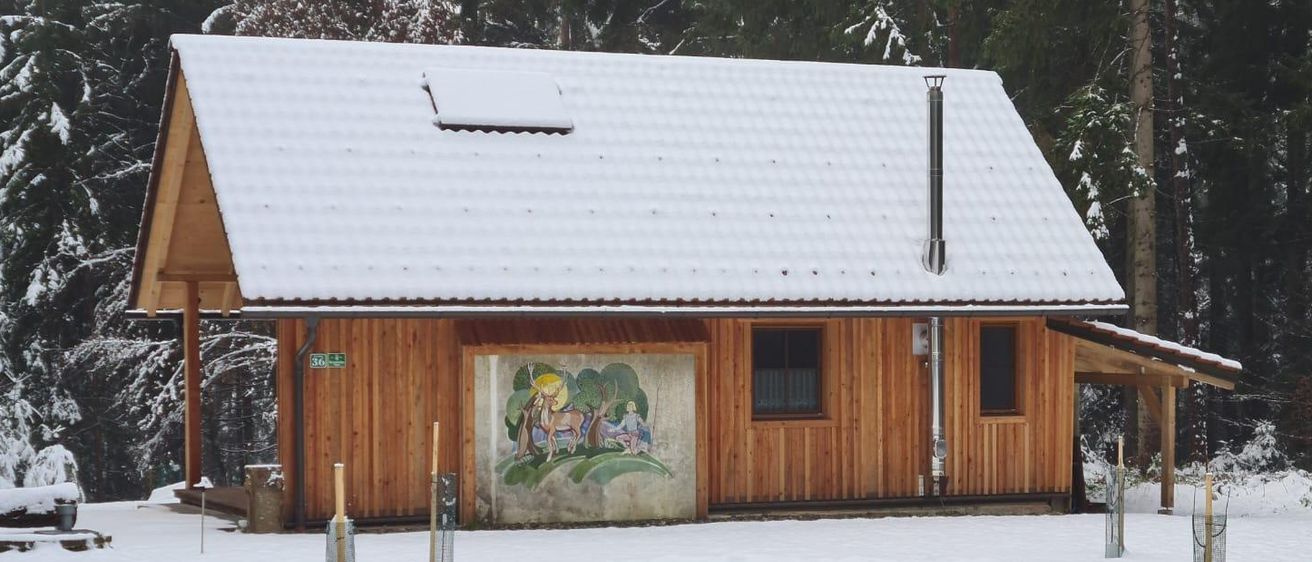 Ein kleines Holzhaus mit schneebedecktem Dach und einer Wandmalerei an der Seite, umgeben von Schnee und Bäumen.