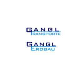Das Bild zeigt ein Logo für die Firma 'Gangl Transporte' mit einem Unterlogo 'Gangl Erdbau', dargestellt in Blau und Weiß auf einem weißen Hintergrund.