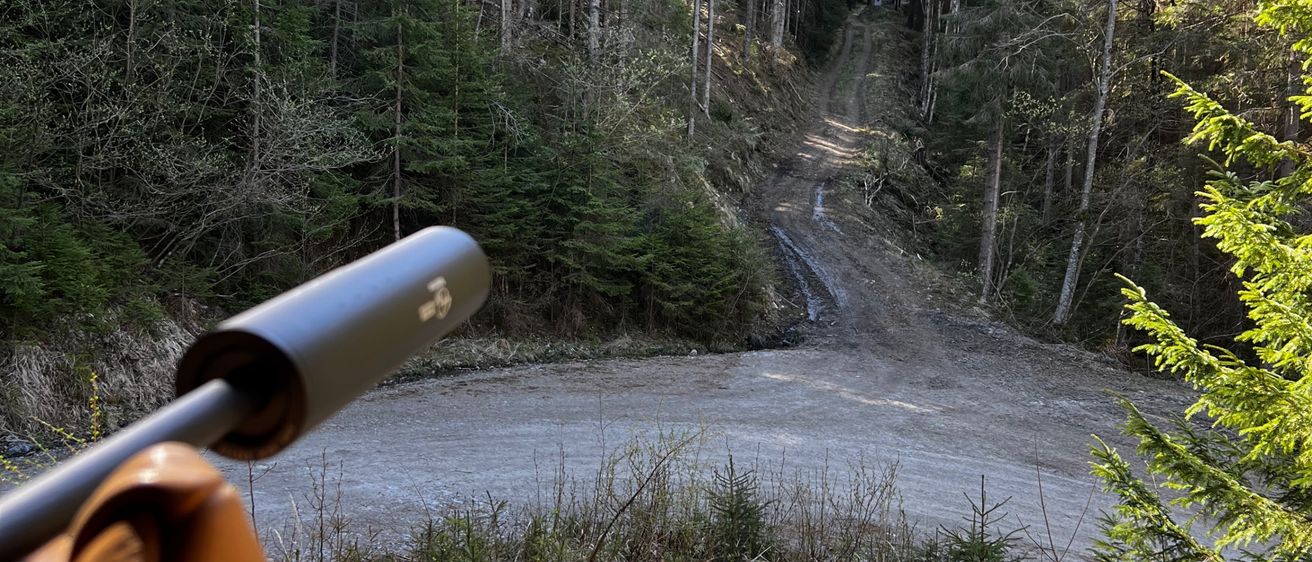 Ein Blick auf einen Wald mit einem sich schlängelnden Schotterweg, Bäumen auf beiden Seiten und einem Tunnel am Ende. Ein Gewehr ruht auf einem Holztisch.