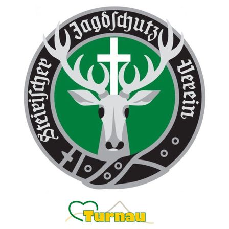 Ein grüner Schild mit einem Hirsch und einem Kreuz symbolisiert einen Jagdclub, mit dem Wort 'Jagdschutz' darauf. Unten ist ein Markenname 'Turnau'.