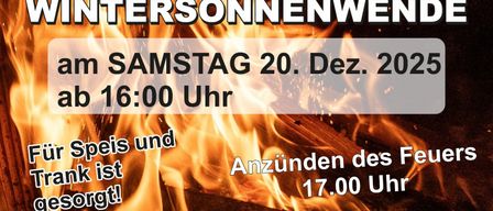 Eine Einladung zu einem Feuertreffen. Geplant für Samstag, den 20. Dezember, ab 16 Uhr. Essen und Getränke sind verfügbar. Die Feuerzeremonie beginnt um 17 Uhr.