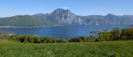 Ein malerisches Panorama eines ruhigen Sees, umgeben von üppigen grünen Hügeln und majestätischen Bergen unter einem klaren blauen Himmel.