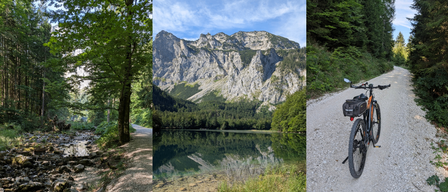 Drei Bilder zeigen eine malerische Landschaft mit einem Waldweg, einem Bergsee und einem Fahrrad auf einem Schotterweg.