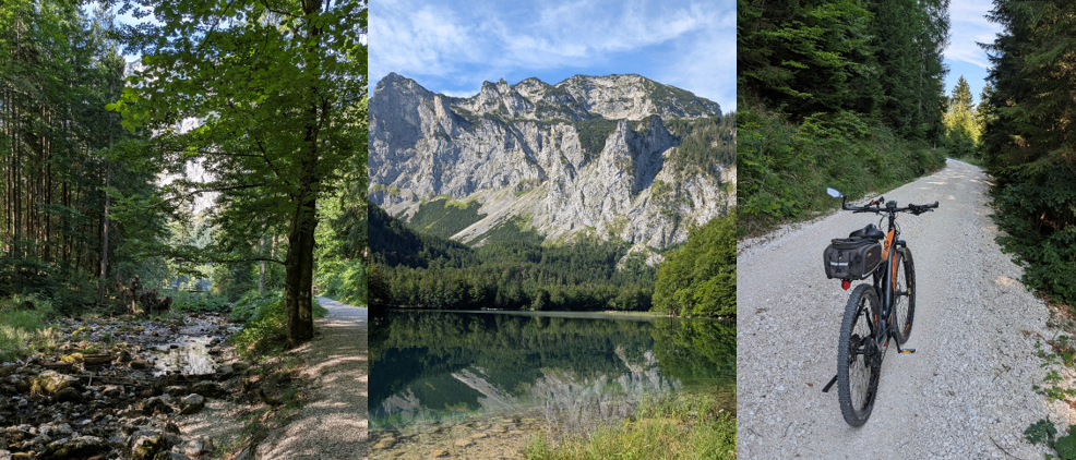 Drei Bilder zeigen eine malerische Landschaft mit einem Waldweg, einem Bergsee und einem Fahrrad auf einem Schotterweg.