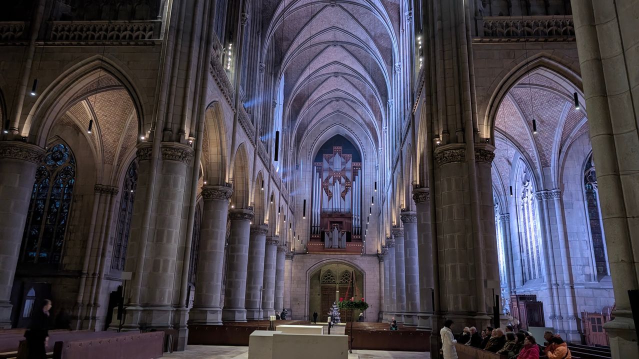 Der Innenraum einer großen Kathedrale mit hohen Säulen und Gewölbedecken. Eine kunstvolle Orgel befindet sich über dem Altar. Die Leute sitzen auf den Kirchenbänken, und ein Weihnachtsbaum steht in der Mitte des Ganges.