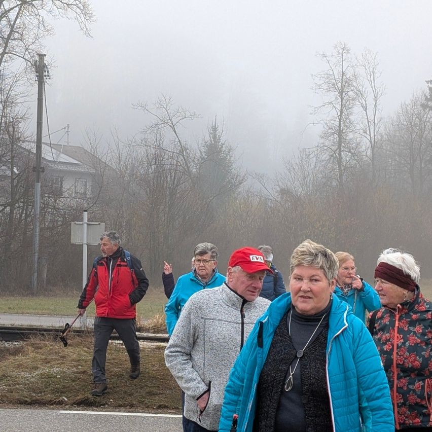 Eine Gruppe von Menschen geht auf einem nebligen Pfad. Sie tragen Winterkleidung und scheinen in ein Gespräch vertieft zu sein. Die Szene spielt sich in der Nähe eines Hauses und eines Strommasts mit Drähten ab.